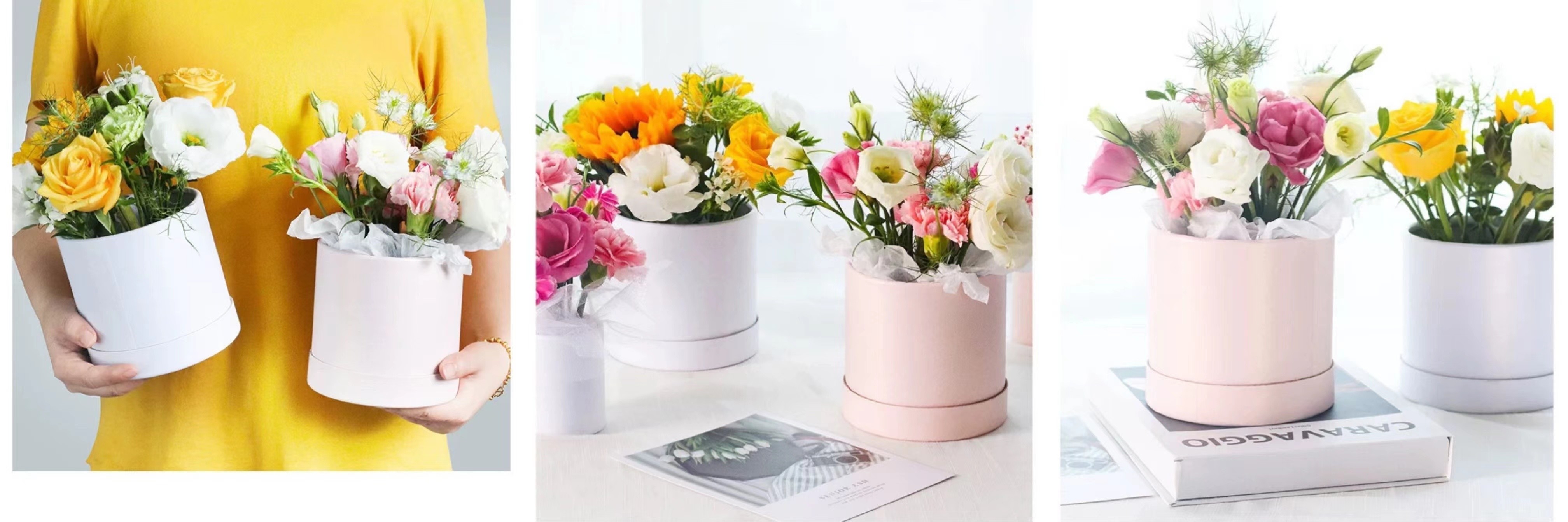Green Leaf Veins Marbling Round Flower Gift Box Cylinder Rose Box With Handle