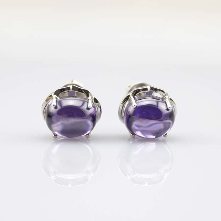 925 Silver Jewelry 8mmx10mm Oval Dome Purple Cubic Zircon Earrings(PSJ0434)