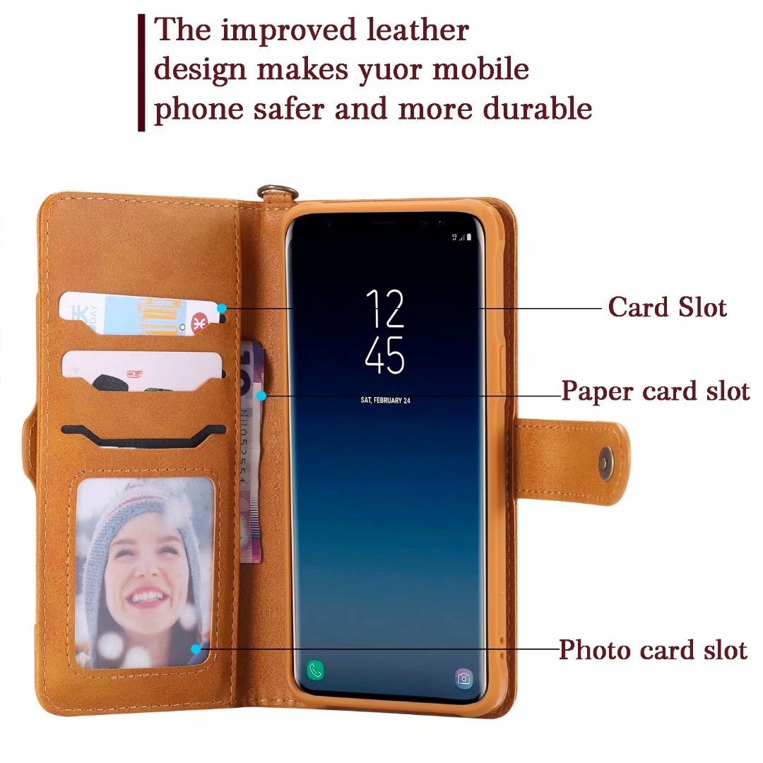 Samsung Galaxy S9 Multifunction Removable Leather Wallet Case with Card Slot and Wristlet Strap