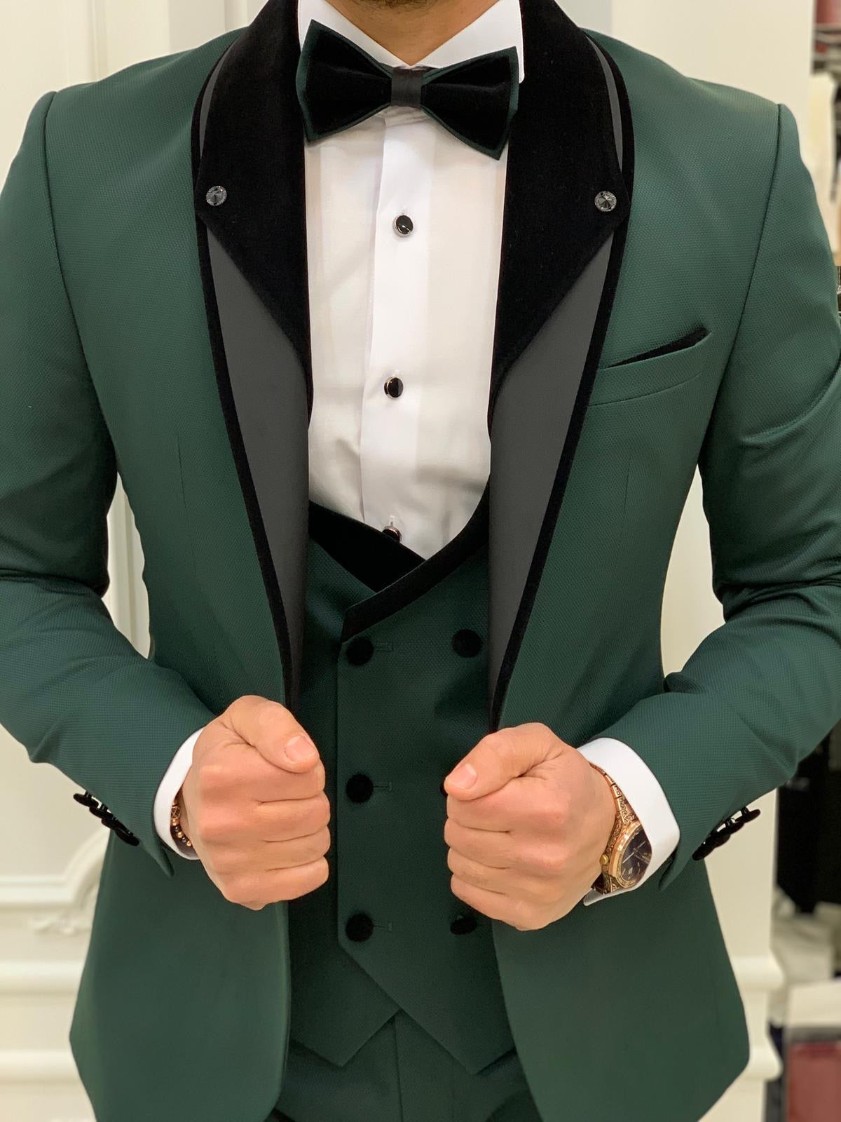 Infinite Green Slim Fit Velvet Mens Peak Lapel Tuxedo