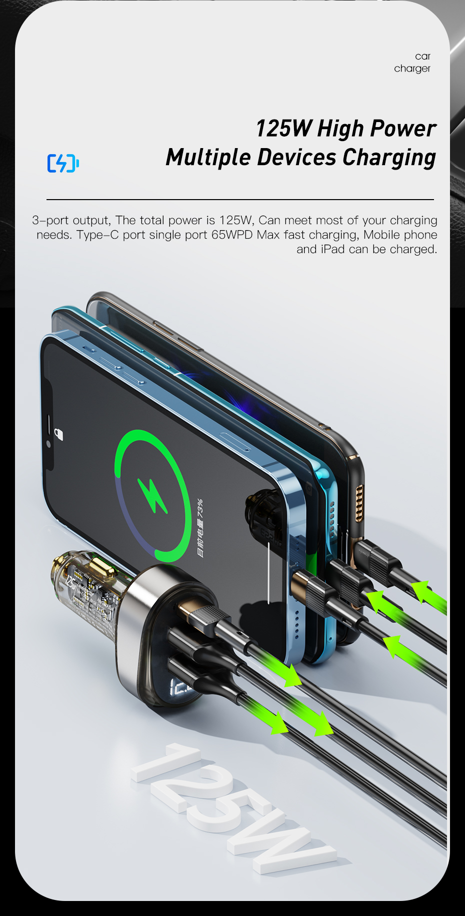 Essager 2022 Transparent Official Store Digital Display 125W Fast Car Charging 2 USB 1 Type C Port Car Charger