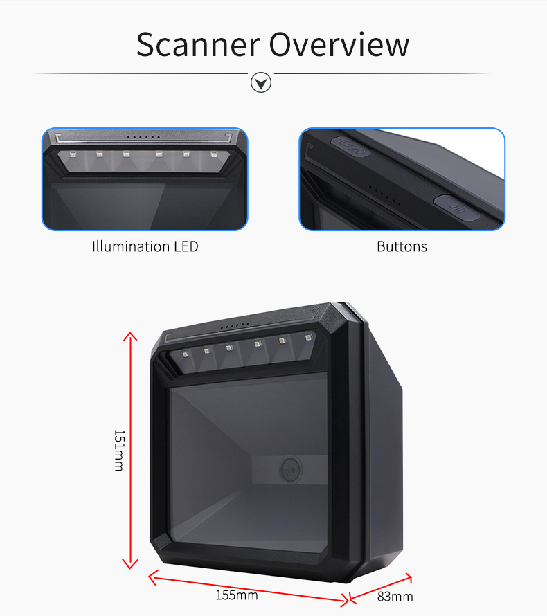 Win7/8/10/11/ANDROID/Mac/Linux Supported Wired USB 1D 2D Bar QR Code Scanner for Desktop