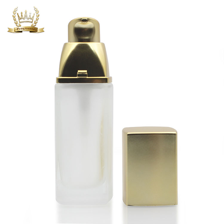 Frosted Foundation Glass Bottle/ 30ml Cosmetic Liquid Foundation Bottle With Gold Pump