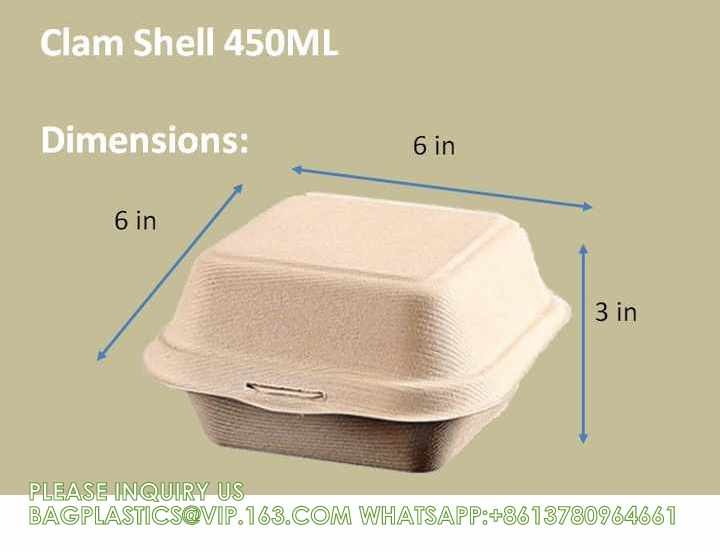 Sugarcane Pulp Clamshell Bagasse Takeout Bento Lunch Box Food Container For Hamburger