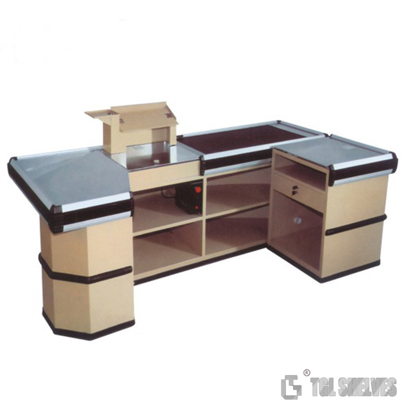 Morden Register Checkout Counter , ODM Supermarket Cashier Desk With Conveyor Belt