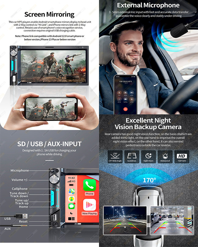 2Din MP5 Car Stereo Carplay 7 Inch Universal Touch Screen MP5 Car Stereo Wince System
