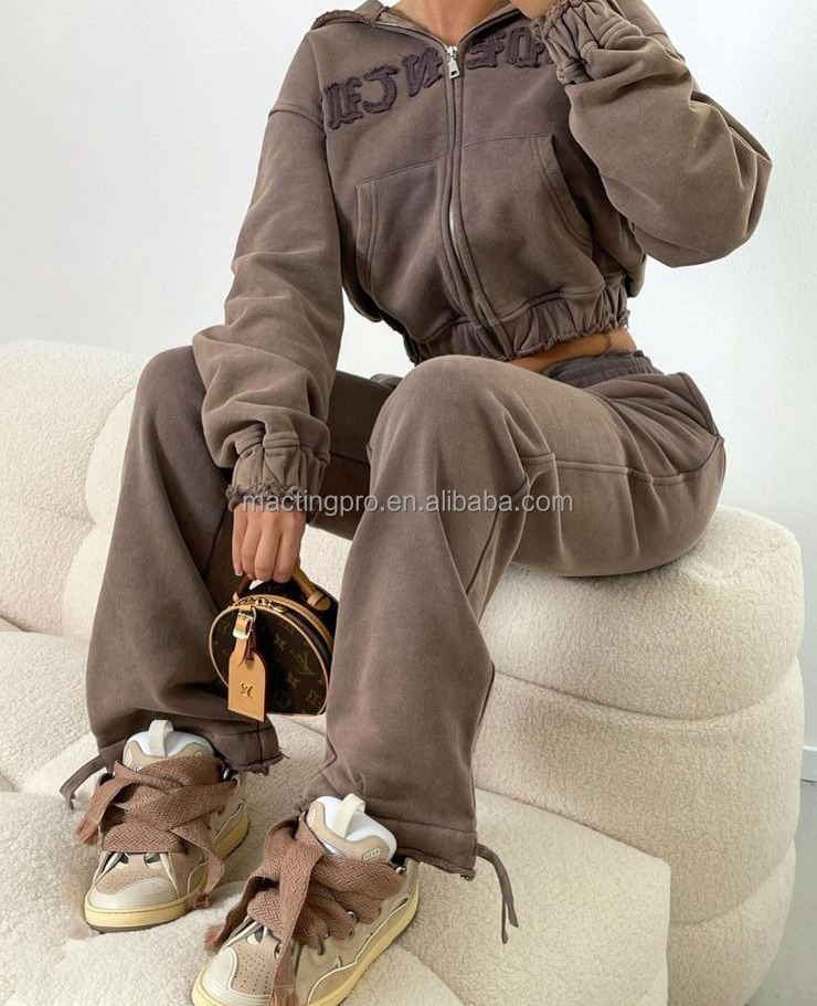 Acid Wash Zip Up Hoodie Tracksuit Boys Brown Women'S Street Wear Patch Embroidery Washed Joggers