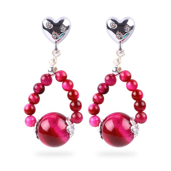 Handmade Crystal Stone Earrings Rose Red Tiger's Eye Gemstone Beaded Heart
