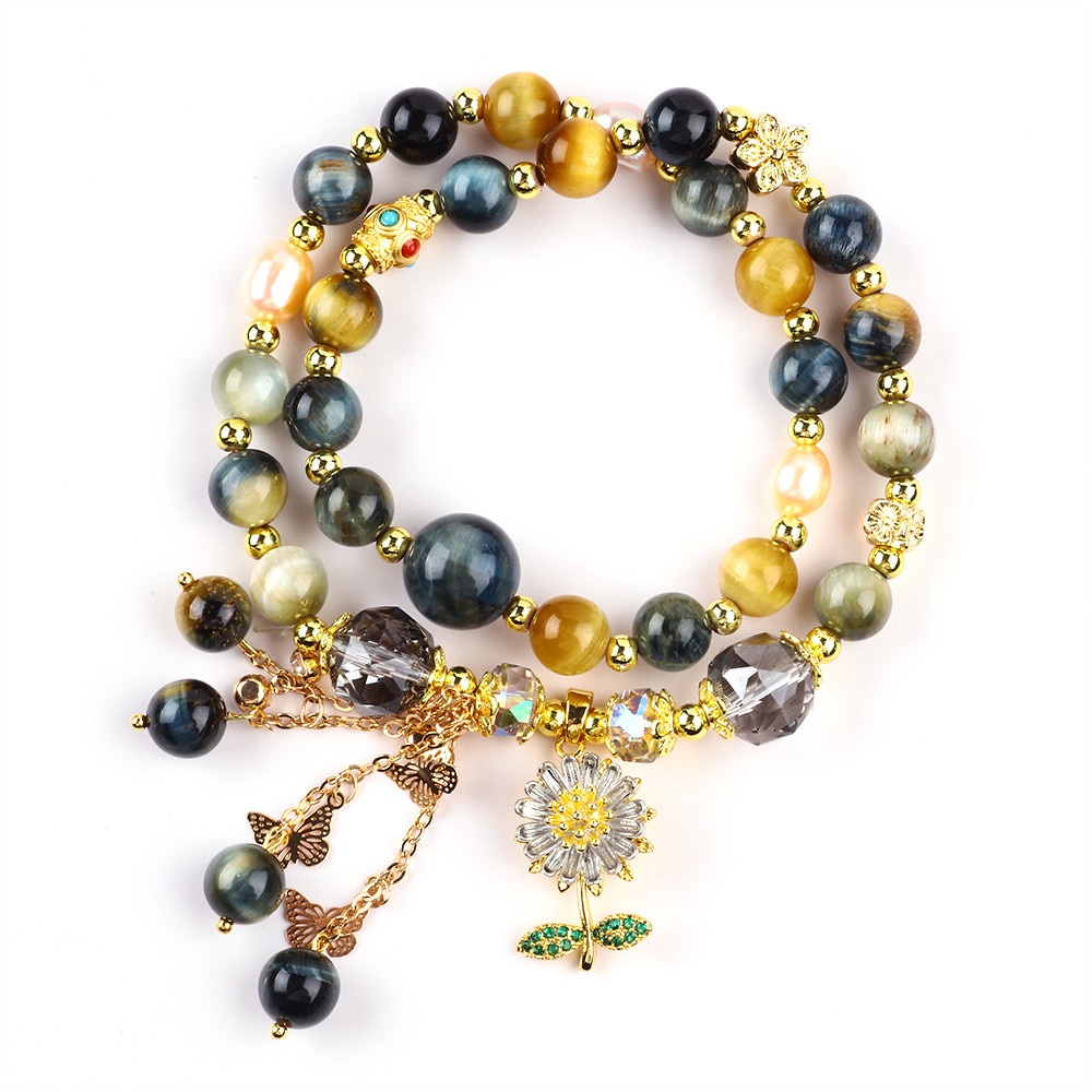 Unique 8MM With Dream Tiger Eye SunFlower Spinner Charm Blessing Crystal Double Layer Bracelet