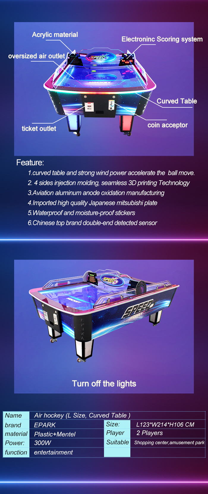 Curve Surfuce Air Hockey 2 Players Coin Operated Machine Ticket Redemption Games