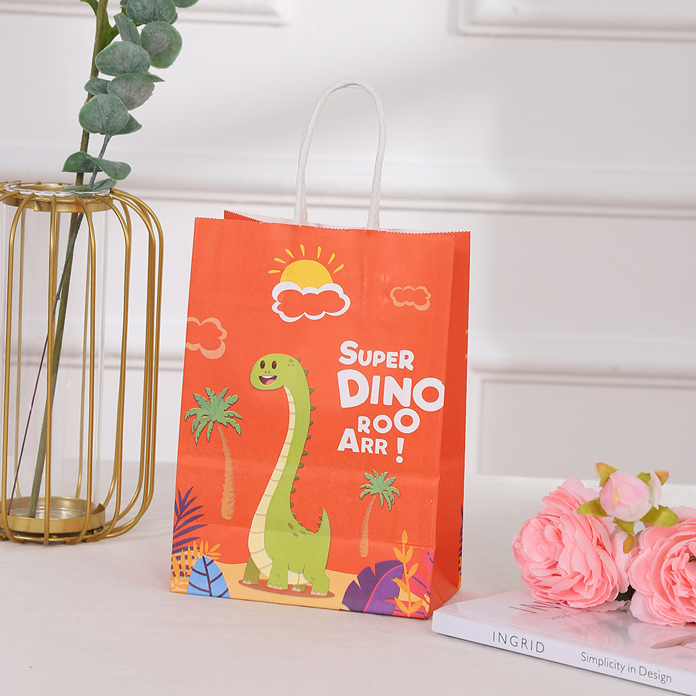 Brown Kraft Paper Dinosaur Hand Printed Cartoon Shopping Bag for Clothing in Shopping Mall