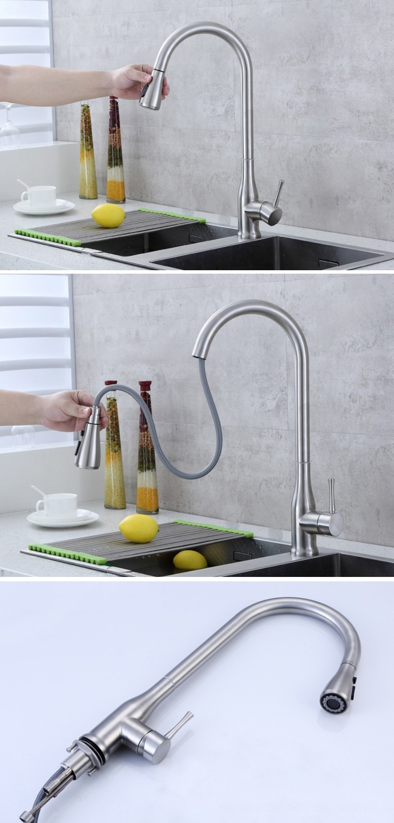 360 Swivel Deck Mounted Silver Kitchen Faucets Tap Hot Cold Mixer Single Handle