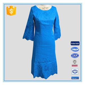 China 2016 Lady Popular Embroidery Cutwork 3/4 Sleeve Long Linen Dress on sale