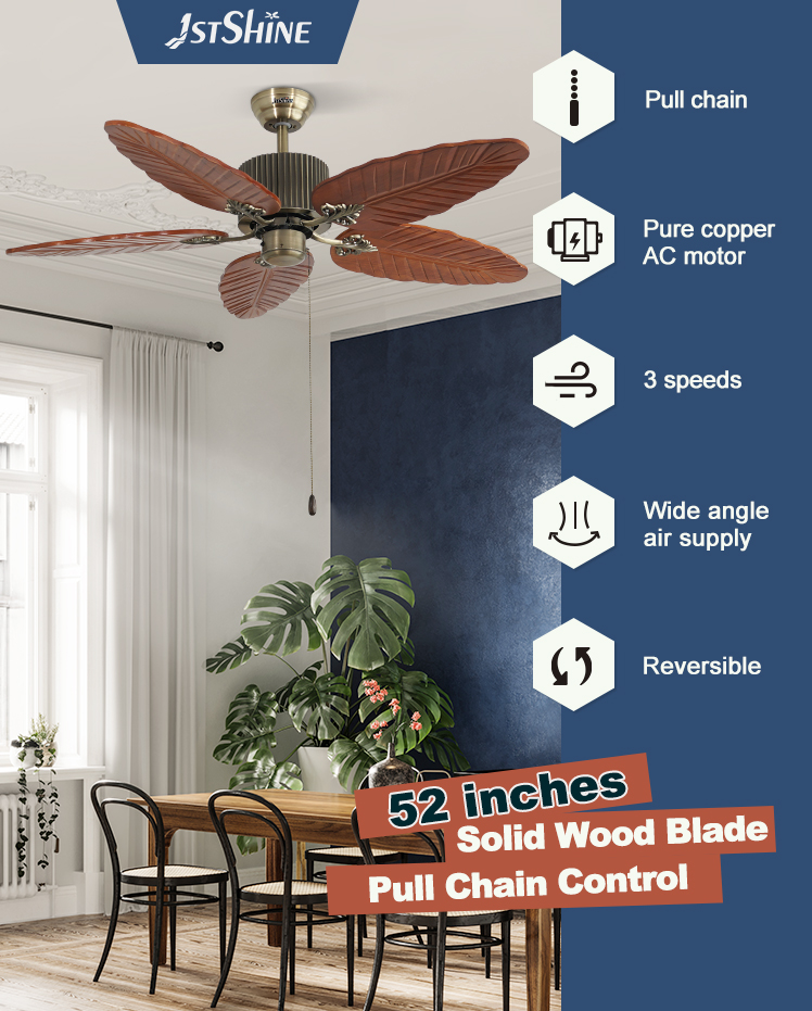 1stshine Ceiling Fan Household with Solid Wood Blades and 3 Speed Pull Chain Control