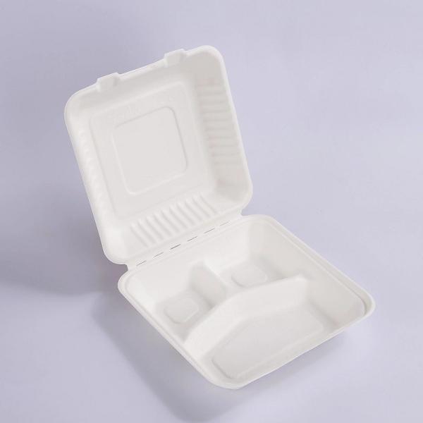 Quality Oem Biodegradable Sugarcane Bagasse Clamshell Box 9in 3 Compartment Meal Prep Containers for sale