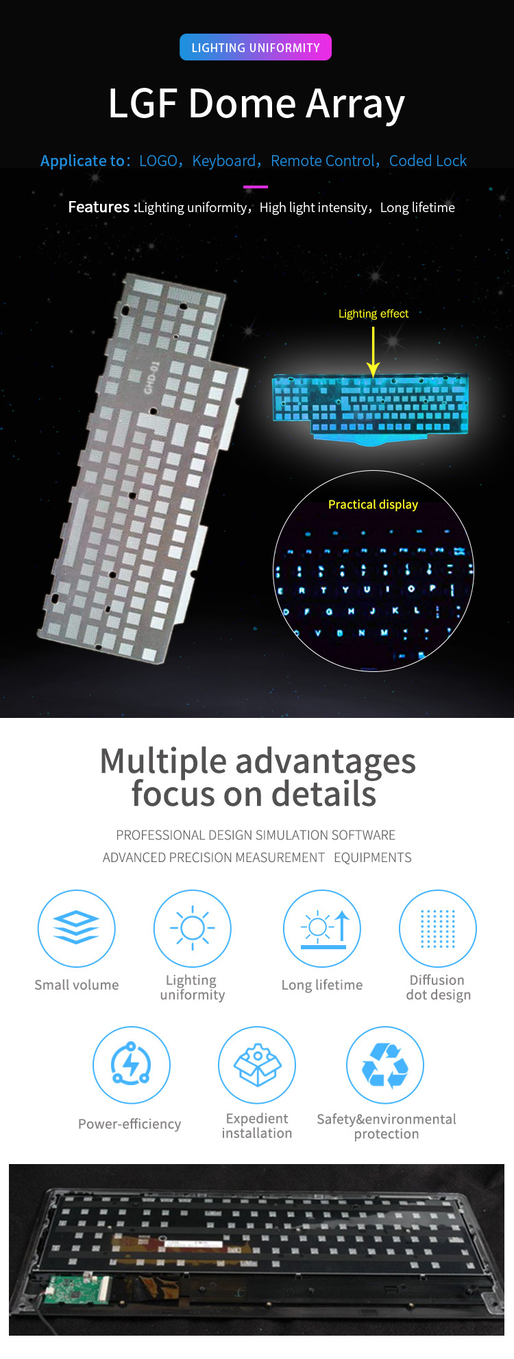 Lighting Uniformity LGF Dome Array Black Light Guide Film PET For Keyboard