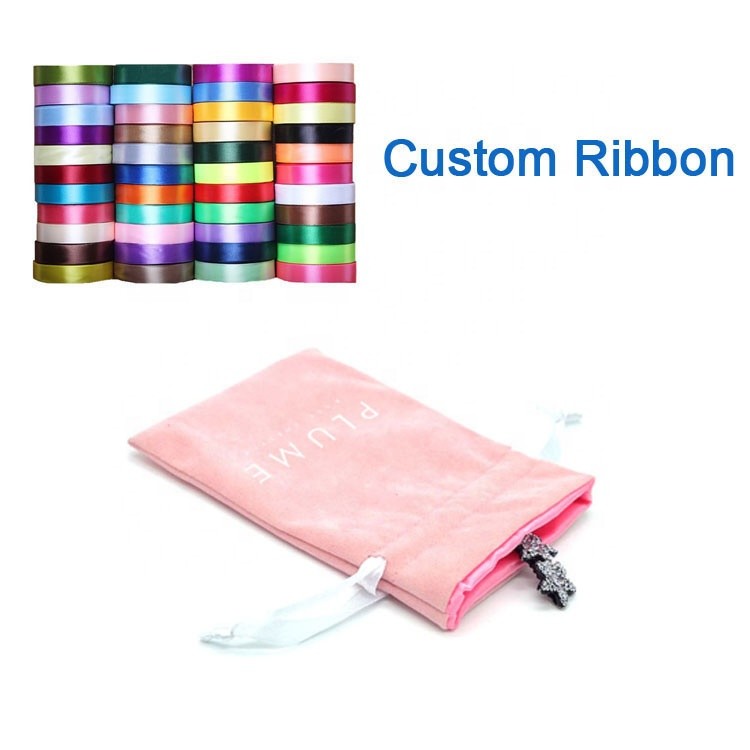 Soft Pink velvet drawstring bag with satin lining and customized white logo for lipstick packing