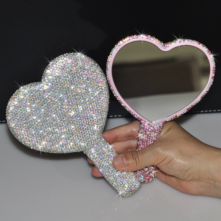 Rhinestone Heart Travel Portable Vanity Mirror Makeup Light Up For Makeup