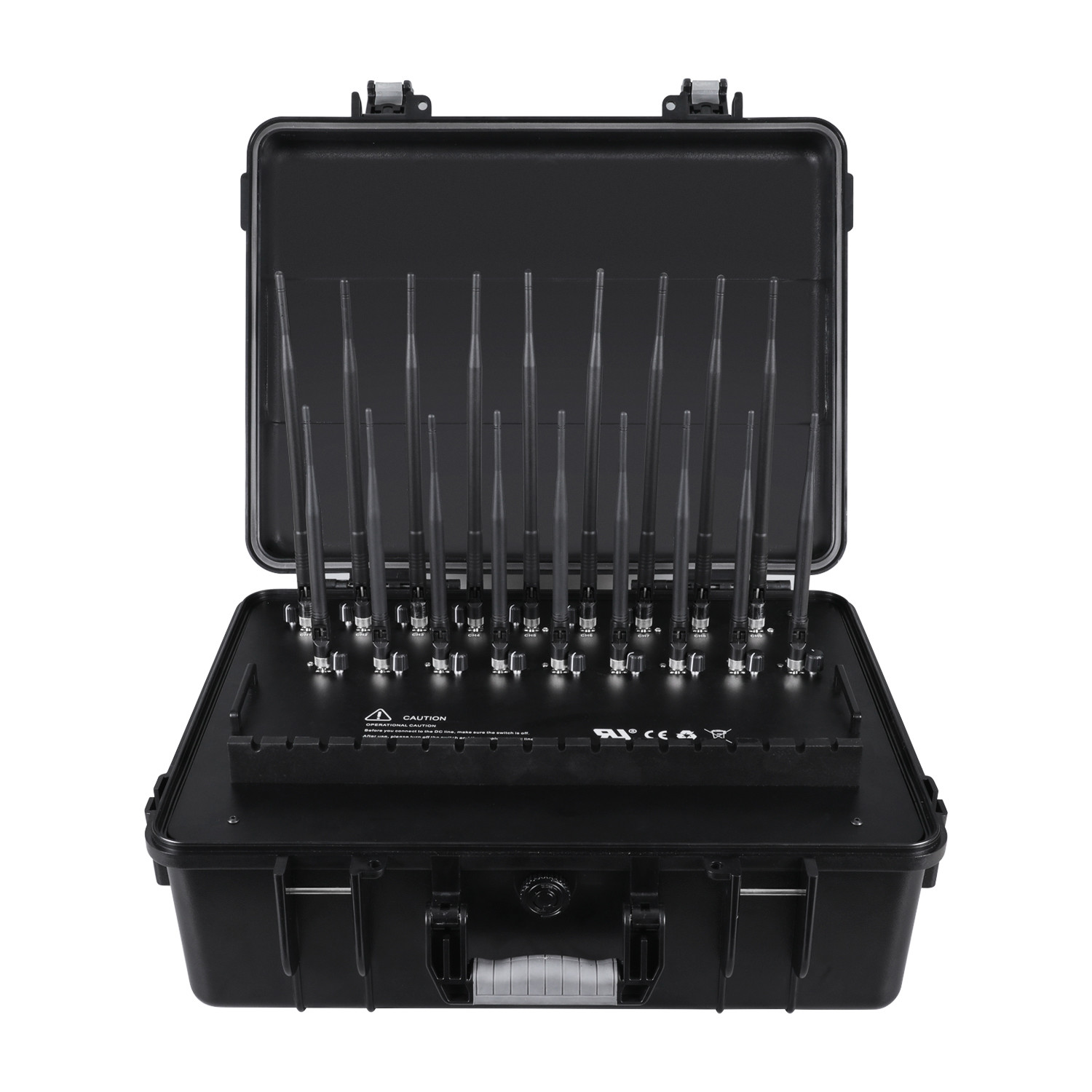 New powerful briefcase 18 Antenna Jammer blocks 2G, 3G, 4G, 5G, GPSL1, GPSL2-L5, GPSL3-L4, WIFI, 315,433,868, Lojack signals with 158W output power