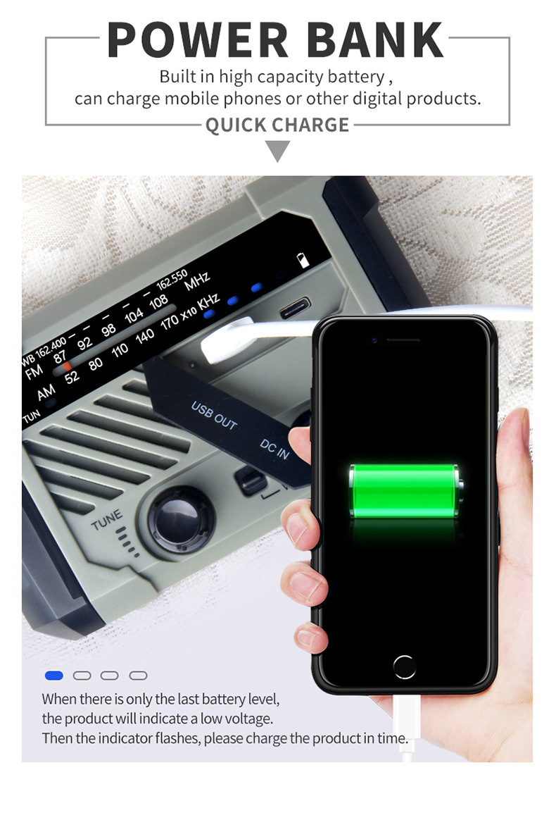 Solar Panel Powered Waterproof Emergency Radio Hand Cranked Multifunctional
