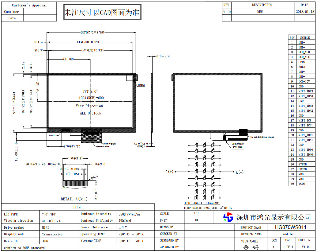 7inch Auto TFT Display Resolution 1024x600 MIPI Interface 30PIN 350cd/m2