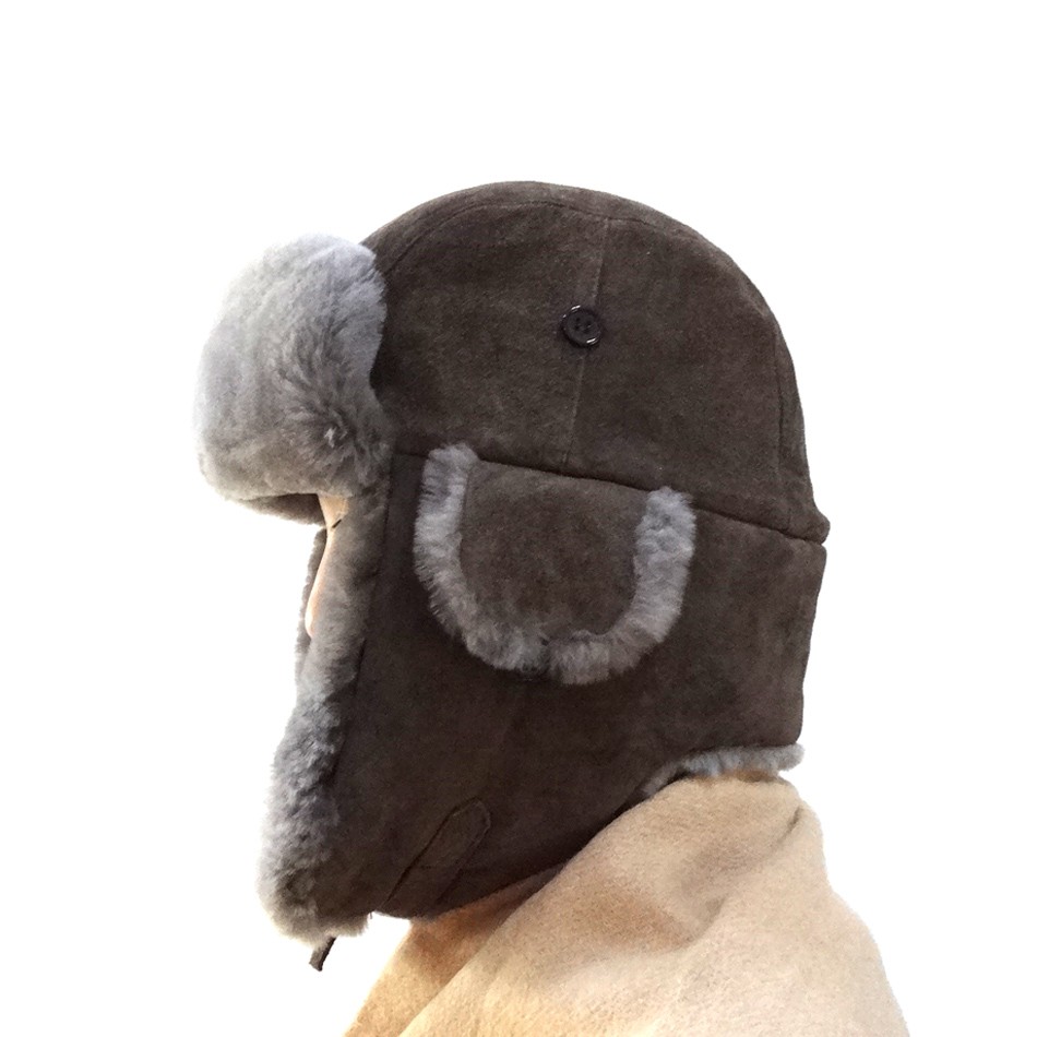 Unisex Top Layer Suede Winter Bomber Hats , Fur Trim Shearling Aviator Hat