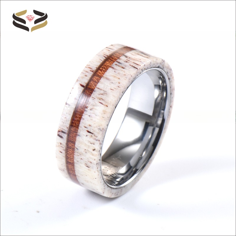 Geometric 8mm Antler Wedding Band With Koa Wood Men's Tungsten Wedding Band Ideal Gift for Special Occasions