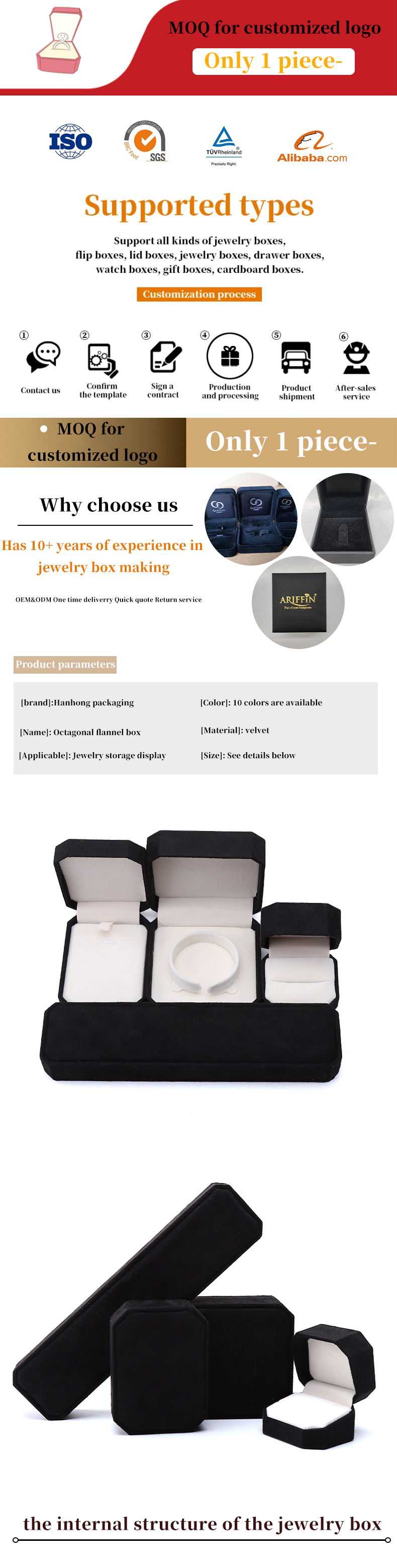 Customization Rectangle Black Flannelette Jewelry Box for Necklaces Bracelets and Rings