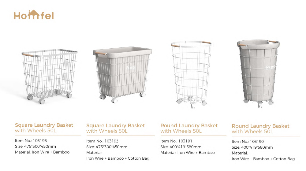 Round Iron Metal Laundry Cart With Wheels And Bamboo Handle Big Capacity