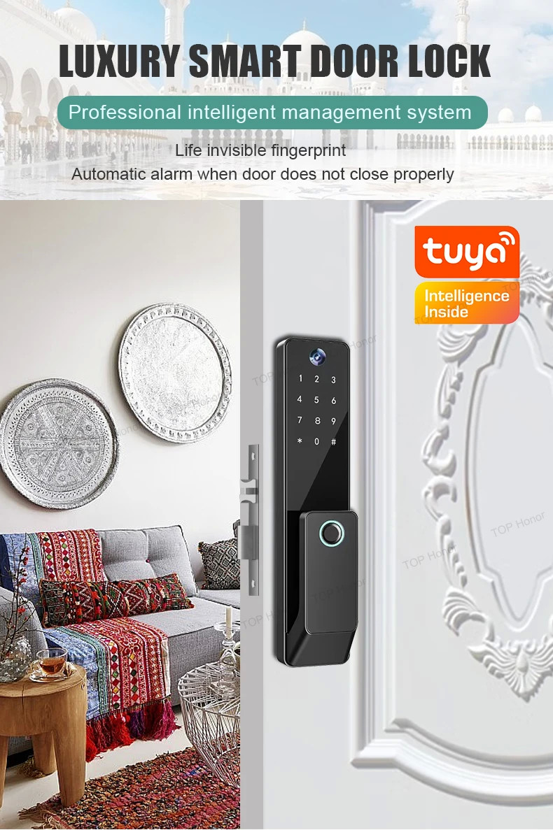 TH-506 Black Aluminium Full Auto Smart Entry Door Locks Biometric Code Card Key Tuya