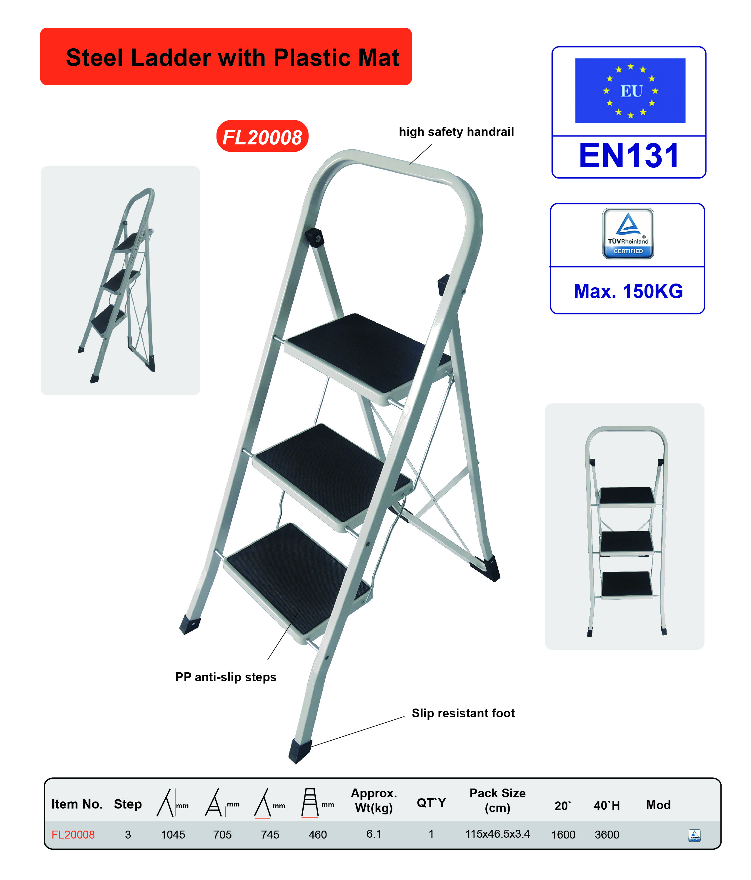 Professional Metal 3 Step Stool High Strength Long Service Life