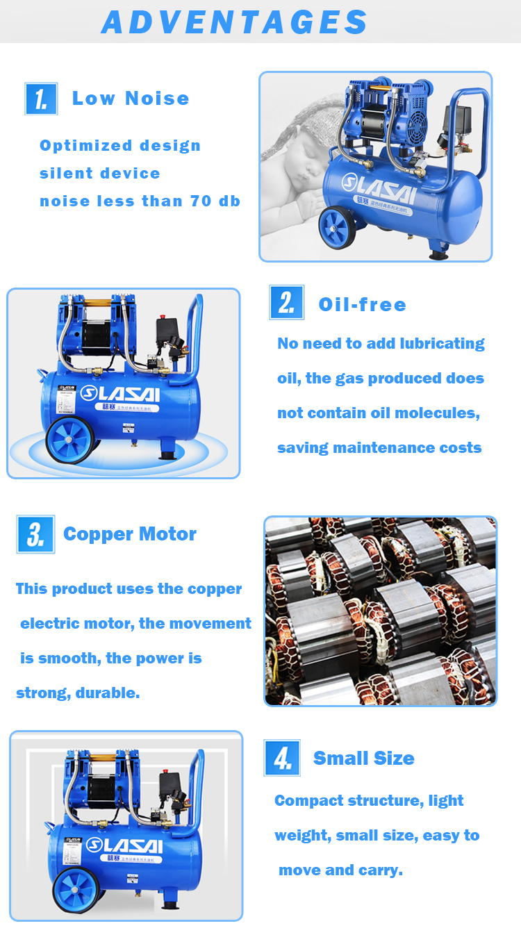 Silent Oil Free Air Compressor Air Pump 980W Power 30L Capacity PORTABLE Configuration
