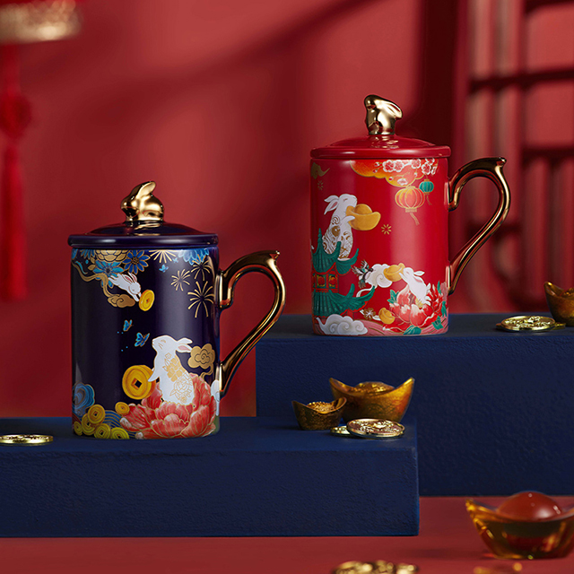 Ready To Ship In Stock Custom 3d Ceramic Mug 3d Blue Mug With Gold Handle Home Tea Holiday Gift