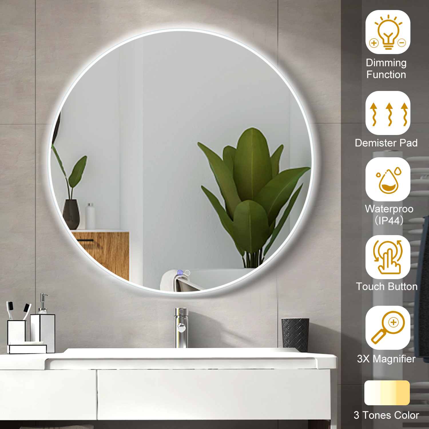 5000K LED Round Bathroom Mirror Anti Fog Round Bathroom LED Mirror Intelligent
