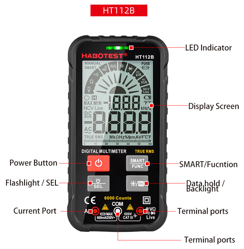 112B Digital Smart Multimeters Amp Ohm Hz Capacitance Battery Tester Portable Palm NCV Voltmeter Auto Range 6000 Counts