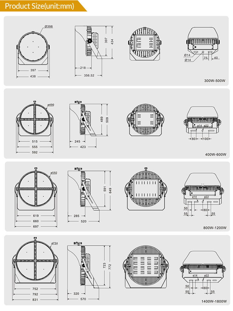 Round LED Sports Lights 1800W Ra70 Ra80 Sports Field Lighting For Sports Venues