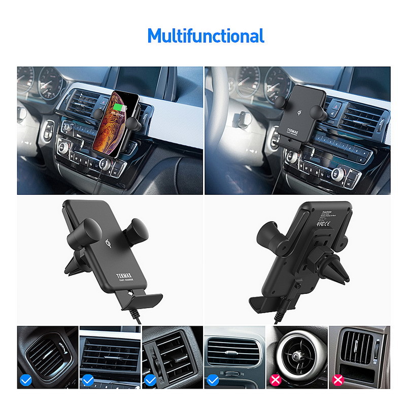 ABS 10W Car Mount Qi Wireless Charger FCC With Air Vent Clip