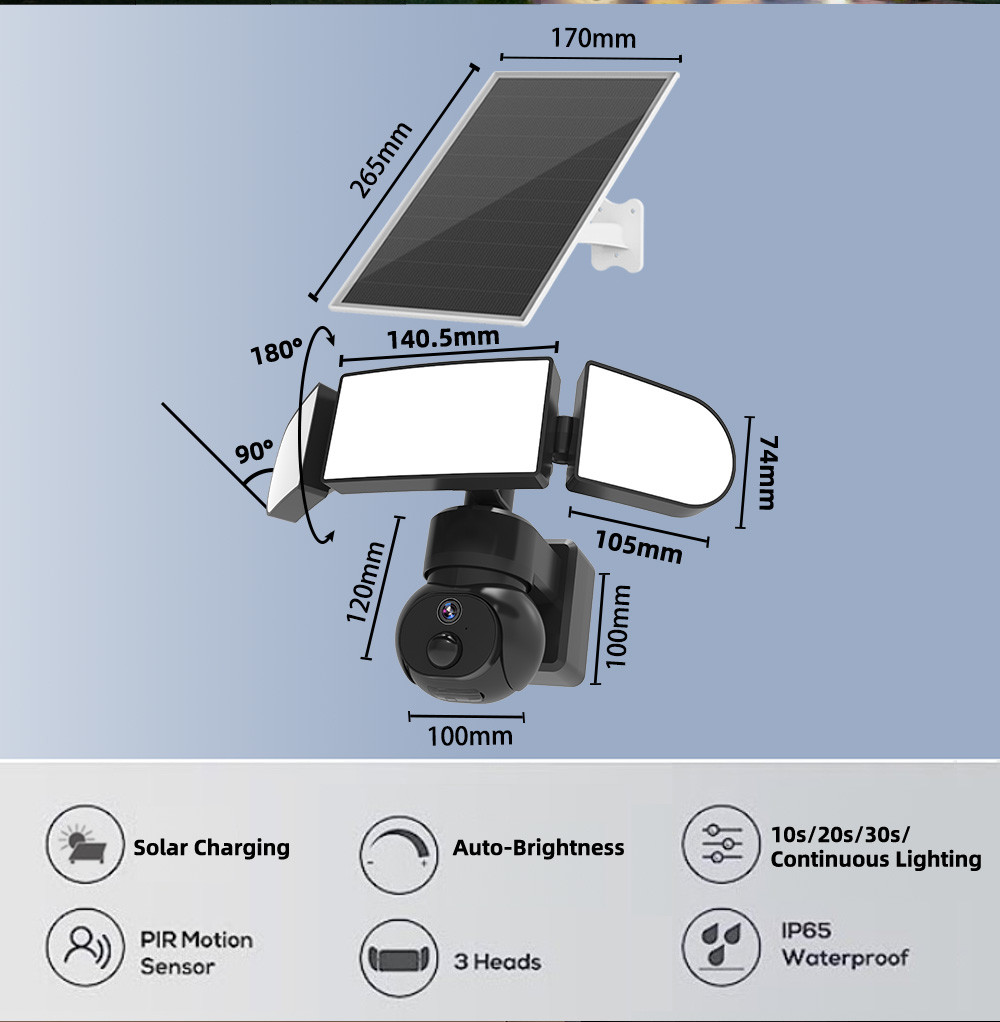 3.6mm Lens 4G PTZ Camera 30M IR Distance 8W Solar Panel Camera Outdoor Siren 2K