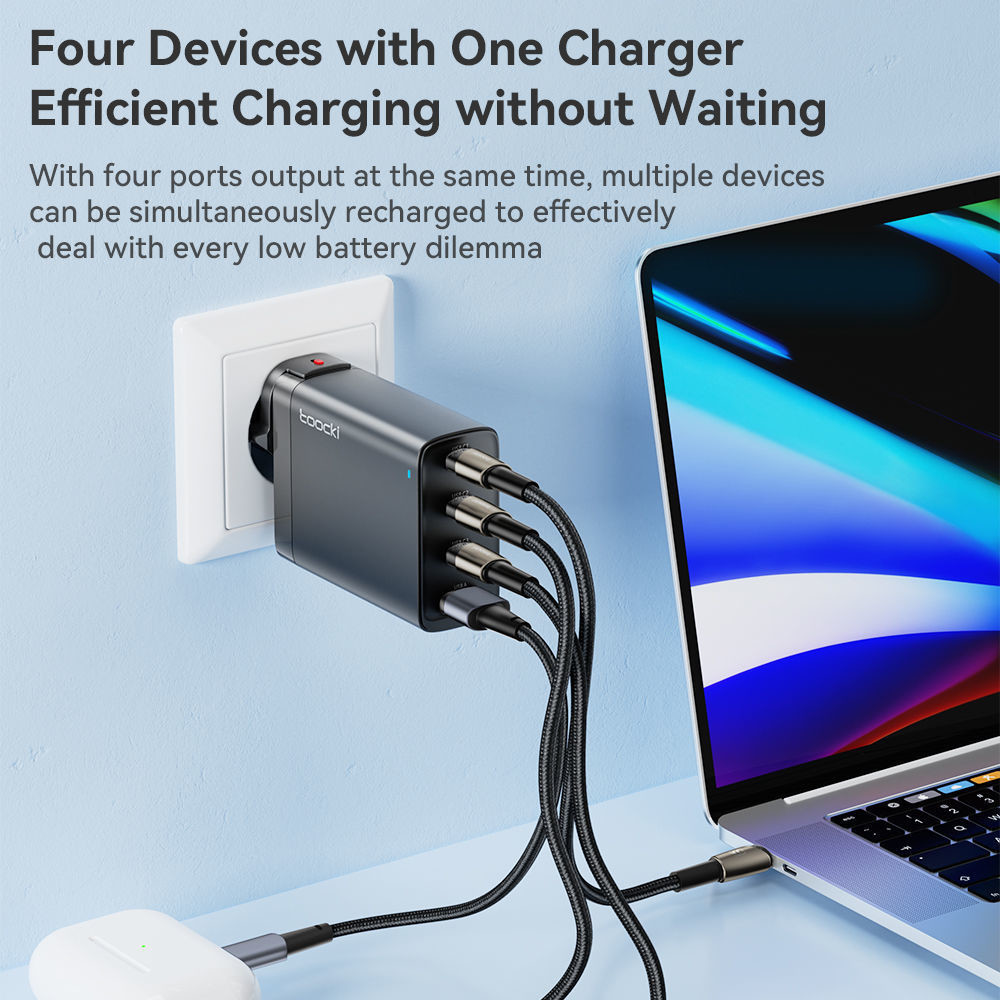100W Four-Port GaN Wall Charger with 2 USB-C (100W, 18W) & 2 USB-A Ports (12W) with PD for Laptops, Tablets & Phones