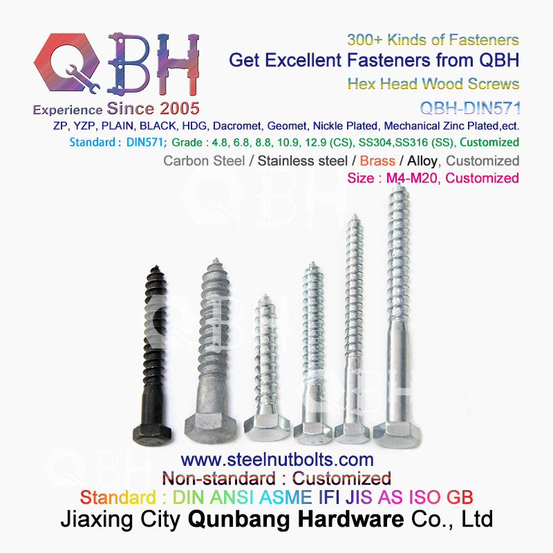 QBH DIN 571 YZP ZP WZP BZP Yellow White Blue Zinc Plated Carbon Steel Hex Wood Screws