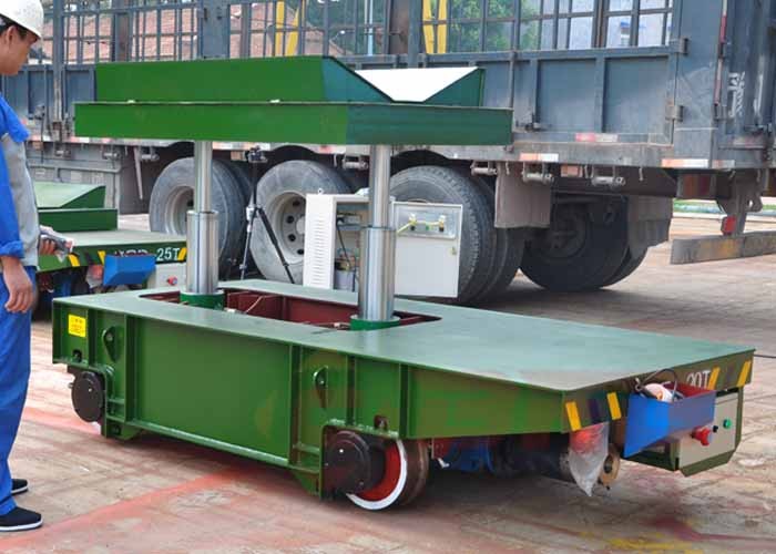 Railway electric flat bed trailer for steel foil coils handling with V-frame