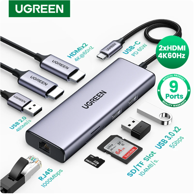 USB C Hub with 4k/HDMI ,9-in-1 USB C to Ethernet Adapter, 5Gbps USB-A 3.0 Docking Station,PD 60W Charging, SD Card Reader