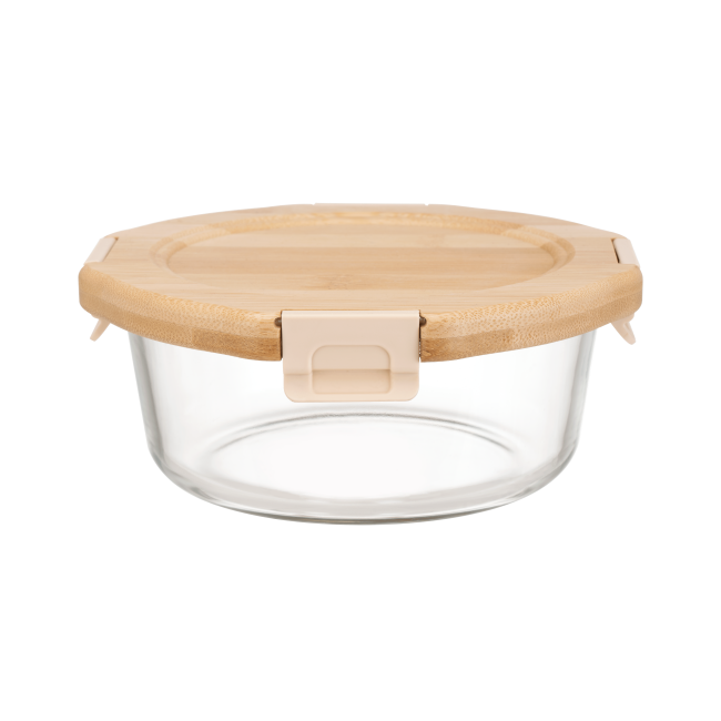 Oven Safe Transparent Glass Food Container with Bamboo Lids and Cool Lock for