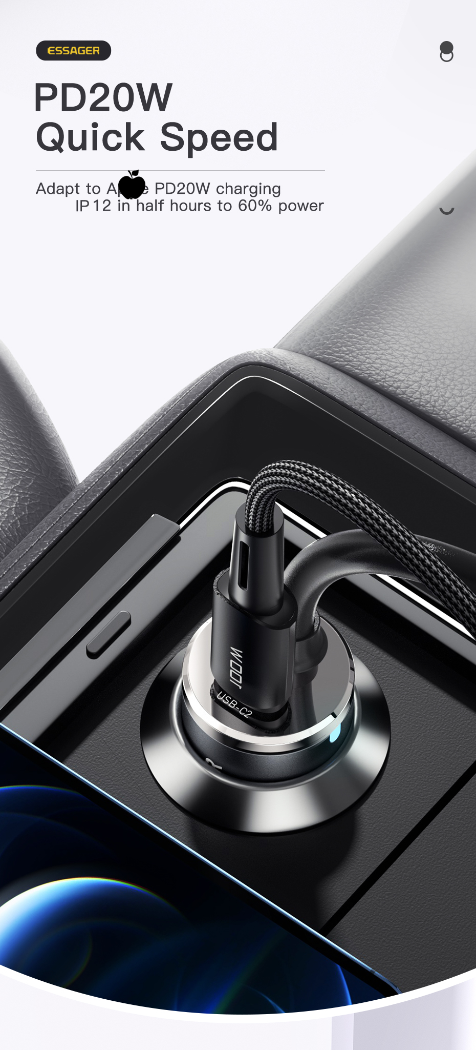Essager 2022 Doution Car Charger 1.5m Extension Cable 2C2A 100W Car Charger For Huawei Xiaomi Mobile Phone
