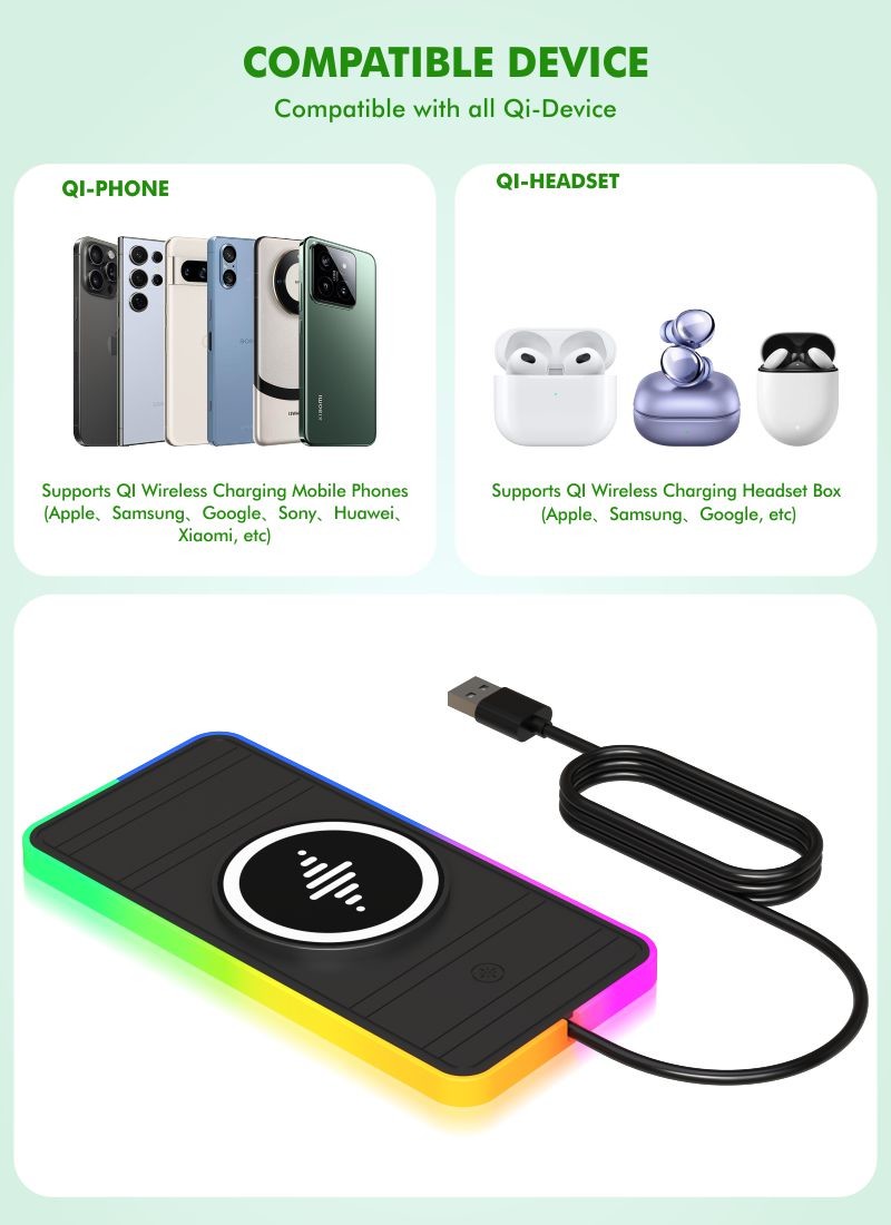 Magnetic Wireless Car Charger with RGB LED Light Charging for Qi Phones and Earbuds - 15W Power
