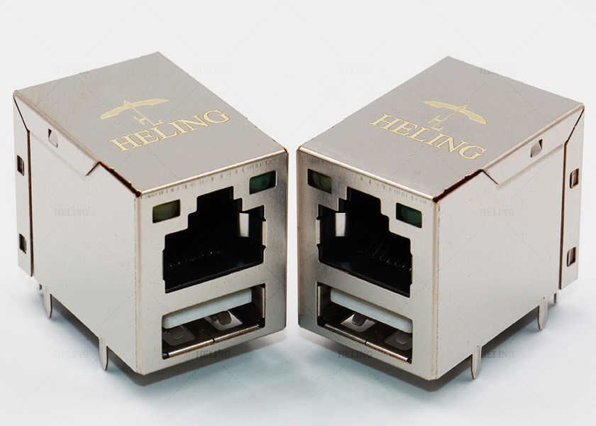 Right Angle 8P8C RJ45 Female Connector 10 / 100 Base - T Magnetic With G / Y LED Pipes
