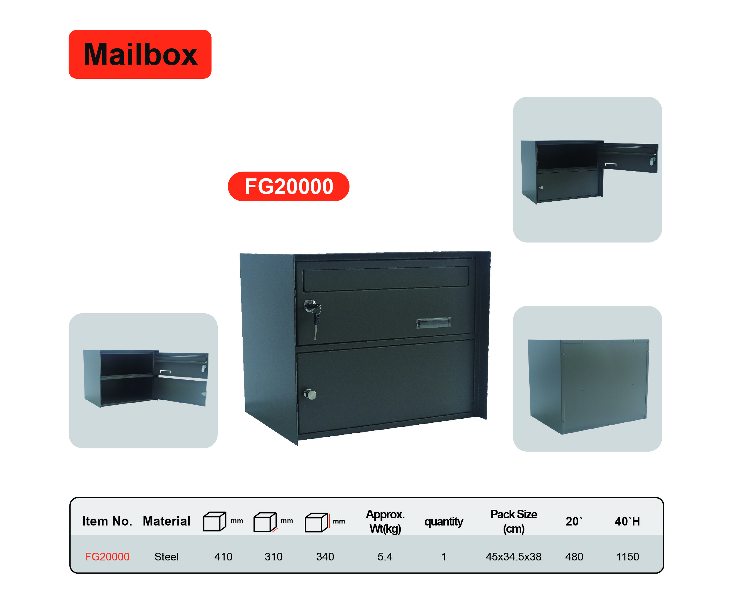 Solid Post Mount Mailbox Double Layer Compact Size 41.5x31x34cm