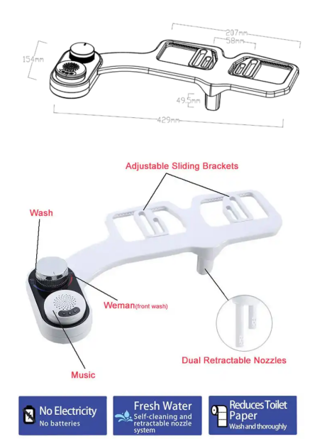 ABS Material Adjustable Music 2 Jetting Manual Toilet Bidet Music Bidet WRAS ACS Approved