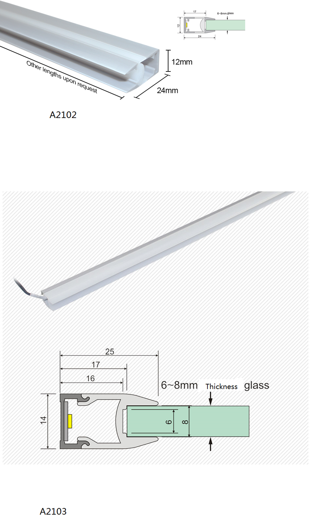 Aluminium Profile LED Glass Clip Light Kitchen Wardrobe 5-10mm Glass