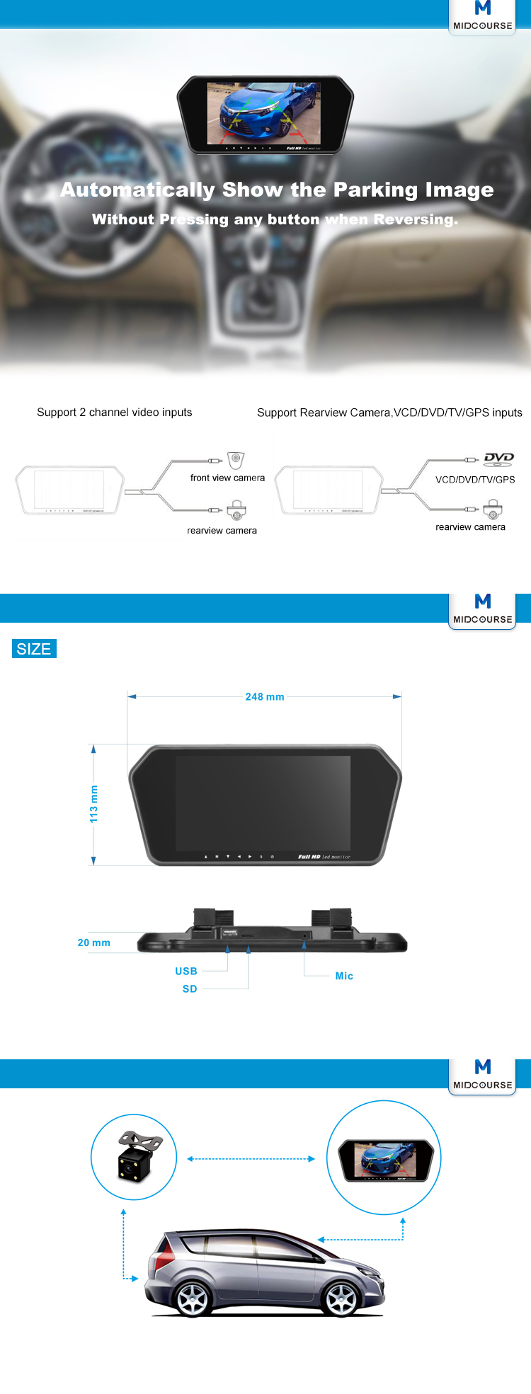 High Resolution Monitor Rear View Mirror / 7 Inch Reversing Camera System